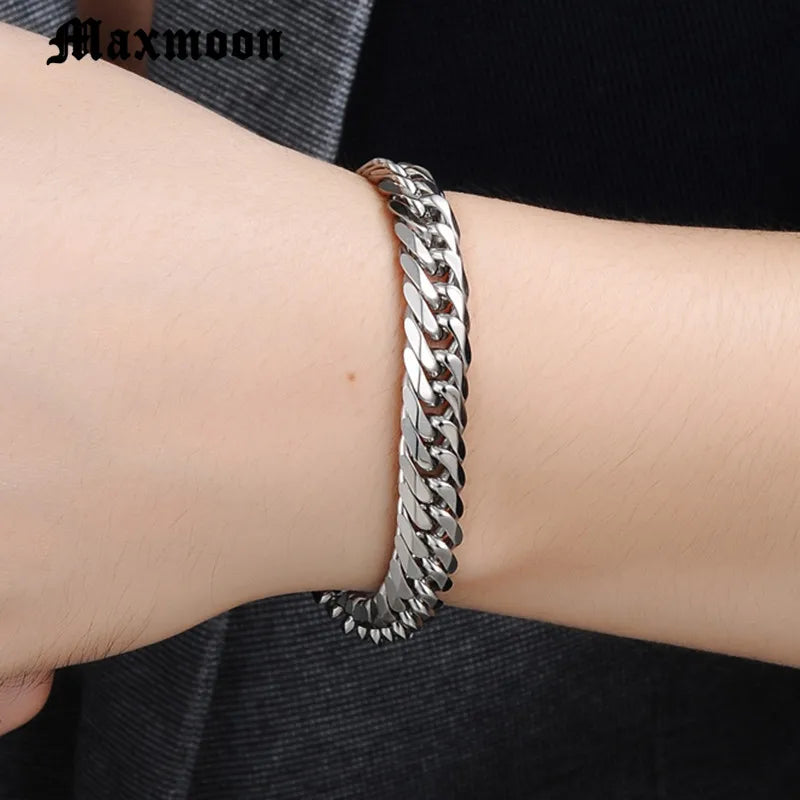 Maxmoon Miami Cuban Stainless Steel Chain Bracelets Men 7mm Flat Curb Bracelet Hip Hop Rock Sports Jewelry Customize Wholesale