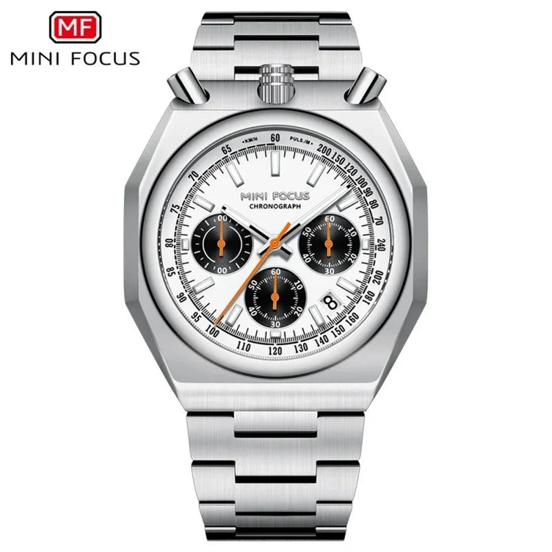 MINI FOCUS 0601 Multifunctional Unique design Quartz Watch for Men Calendar Luminous Stainless Steel Strap Bull Head Mens Watch