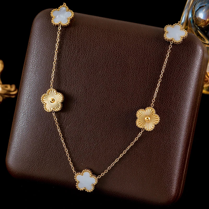 GANEMLY 316L Stainless Steel Red Plum Blossom Plant Leaf Flower Set Reversible Necklace Earrings Bracelet Women Clover Jewelry