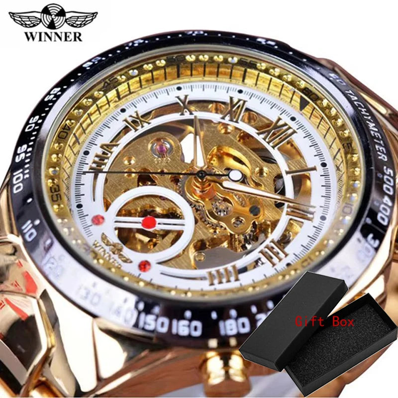 Winner Classic Series Golden Movement Steel Mens Skeleton Man Wrist Watch Mechanical Top Brand Luxury Fashion Automatic Watches