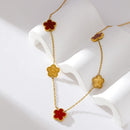 GANEMLY 316L Stainless Steel Red Plum Blossom Plant Leaf Flower Set Reversible Necklace Earrings Bracelet Women Clover Jewelry