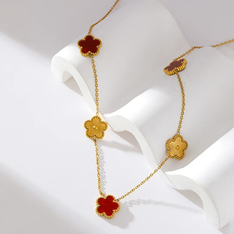 GANEMLY 316L Stainless Steel Red Plum Blossom Plant Leaf Flower Set Reversible Necklace Earrings Bracelet Women Clover Jewelry