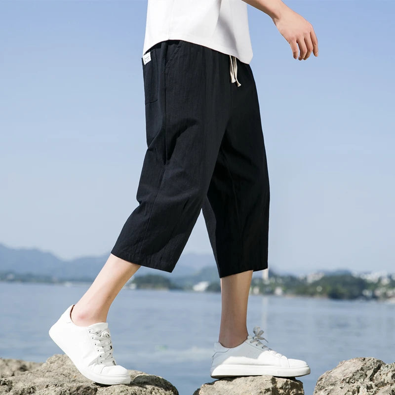 Summer New Casual Short Pants Mens Cotton and Linen Loose Pants  Trend Nine-point Straight Trousers M-5XL