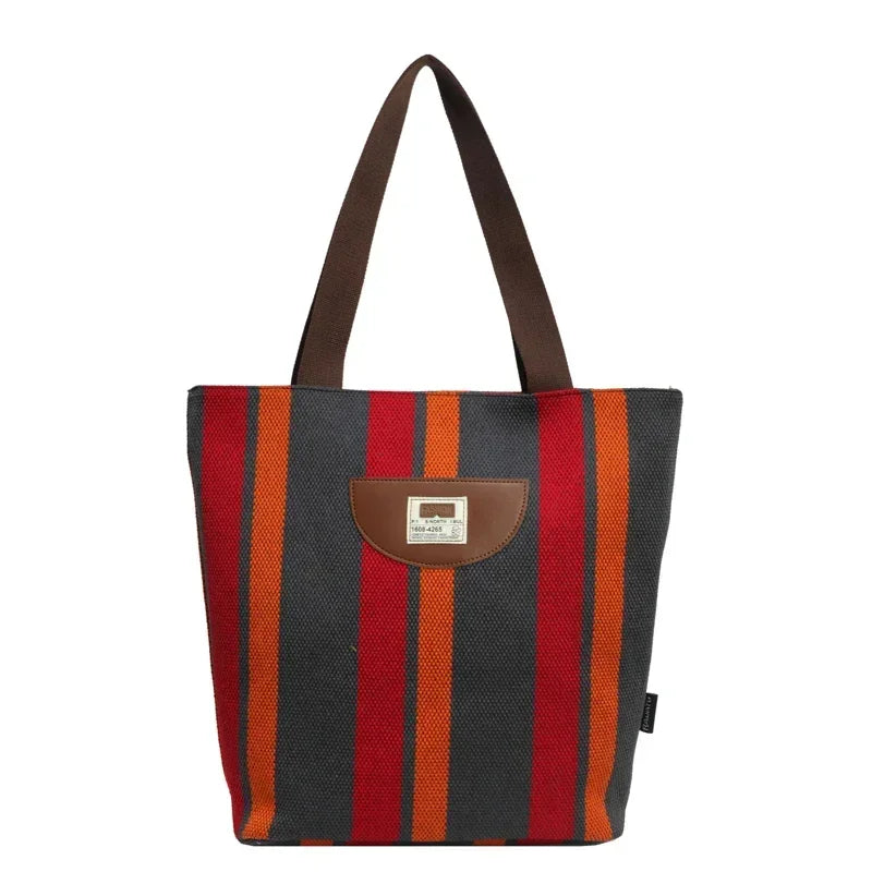 Casual Striped Canvas Zipper Large Capacity Shoulder Bags 2025 High Quality Sense of Luxury Color Matching Handbags for Women