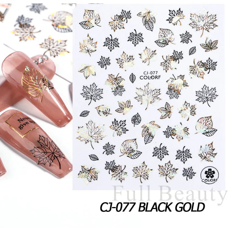 Shiny Maple Geometry Autumn Nail Art Stickers Laser Sector Fall Leaves Decals Cute Squirrel Slider Manicure Decorations CHCJ-076