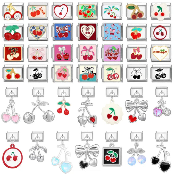 Sweet Red Cherry Bow Knot Heart Pendant Cherry Italian Charm Links Fit 9mm Stainless Steel Bracelet Women Jewelry DIY Making