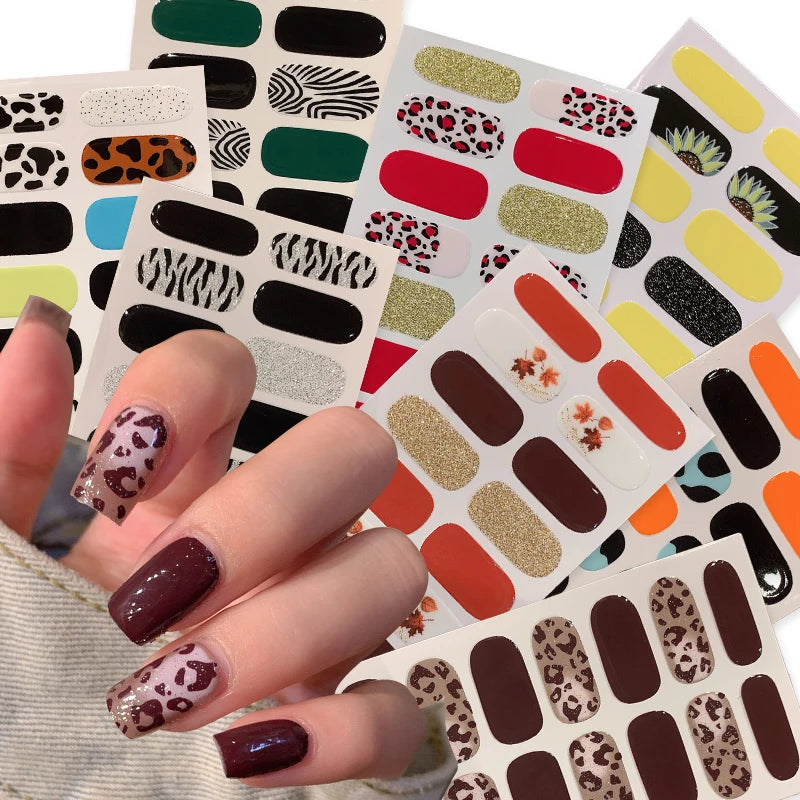 New 16 Strips Autumn Nail Stickers Full Cover Nail Patch Leopard Print 3D Nail Stickers Nail Polish Strips DIY Nail Art Making