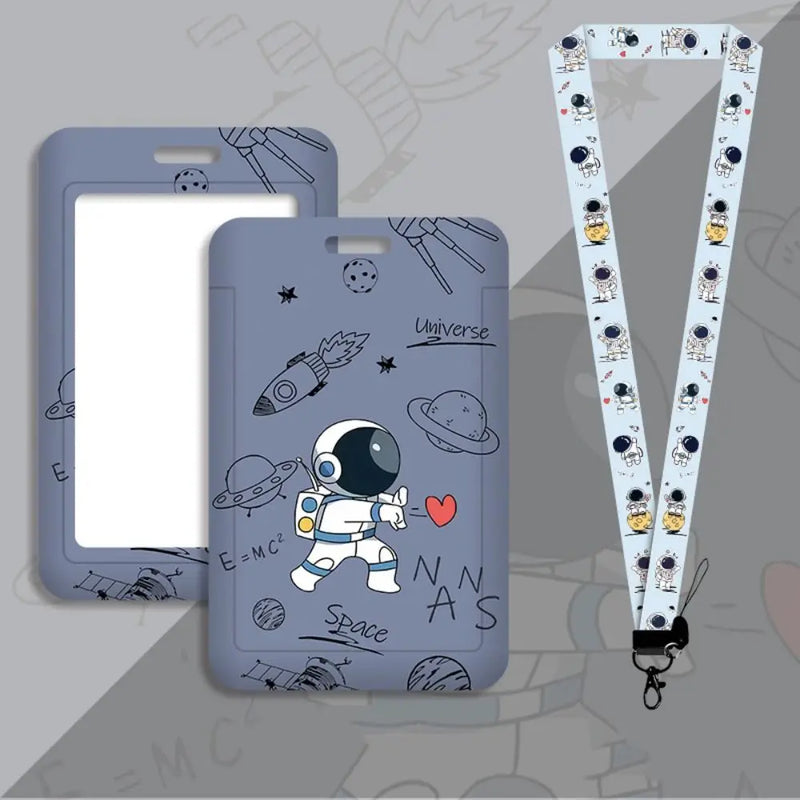 Cartoon Astronaut Card Holder Business Card Holder Cute Credit Card Holders with Lanyard ID Holders Badge Bus Card Cover Case