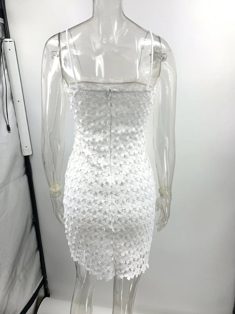 2024 New Summer Sexy Vestidos Spaghetti Strap Lace Hollow Midi Party Dress For Women White Backless Elegant Dresses Vestido