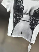 DEAT Fashion Trendy Women's Print Design Elastic T-shirt 2024 Summer New Items Round Neck Short Sleeves Tops Female 11XX9006