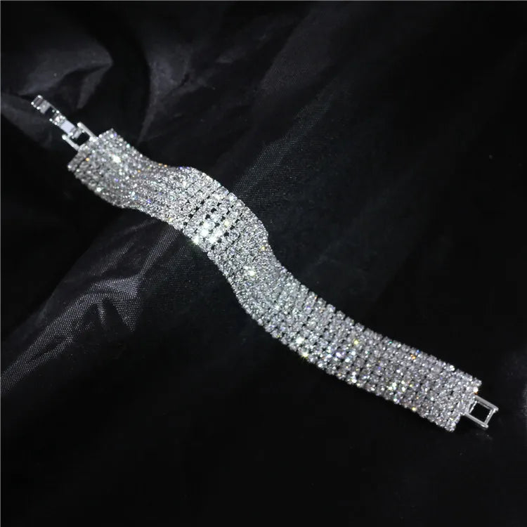 Luxury Bling Crystal Rhinestone Bracelets for Women Silver Color Elegant Bridal Wedding Jewelry