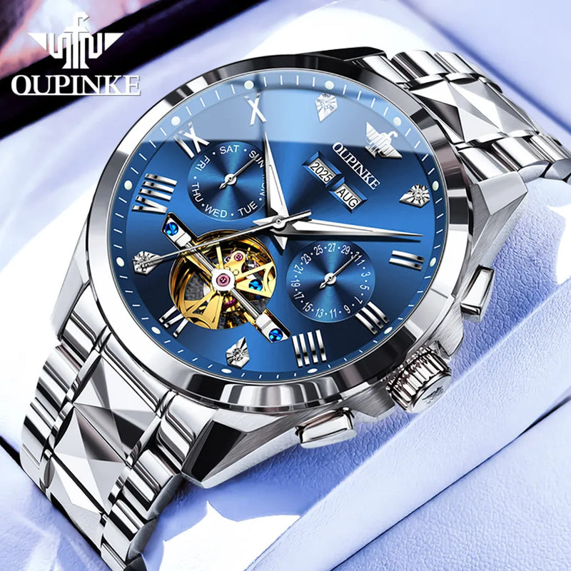 OUPINKE 3240 Automatic Watches Men 44mm Large Dial Tungsten Steel Strap Skeleton Flywheel Mechanical Watch for Men Luxury Watch