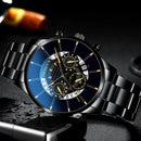 Luxury Hollow Out Men's Watches Fashion Business Calendar Blue Stainless Steel Mesh Belt Analog Quartz Watch Relogio Masculino