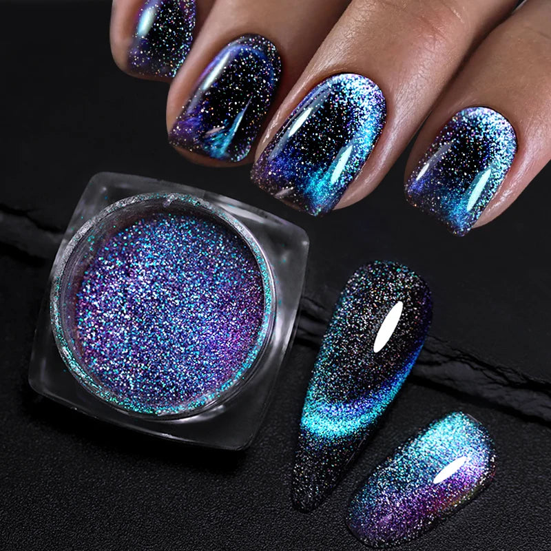 Reflective Magnetic Nail Powder Black Blue Chameleon Glitter Dust Metallic Chrome Shiny Pigment Nail Art Manicure Decoration DIY