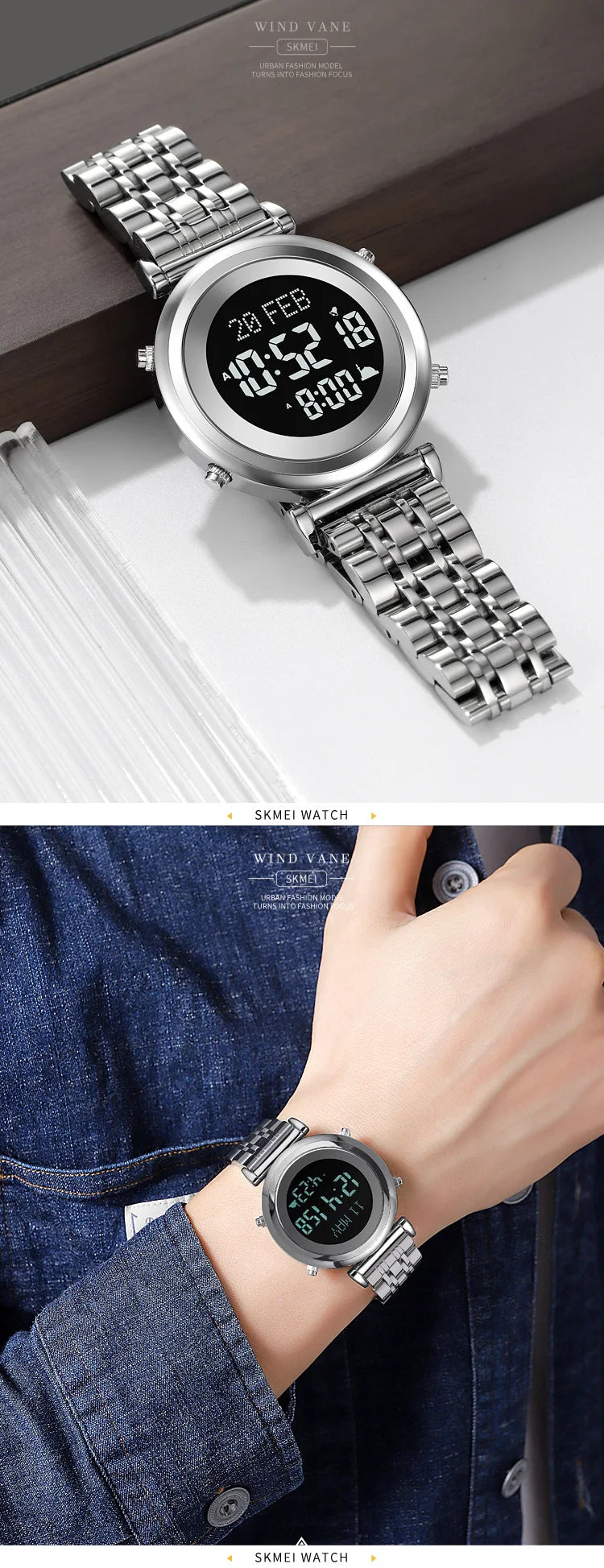 SKMEI 2139 Steel Muslim Azan Digital Watch Mens Back Light Waterproof  Wristwatch Prayer Qibla Compass Alarm Clock watch 1861