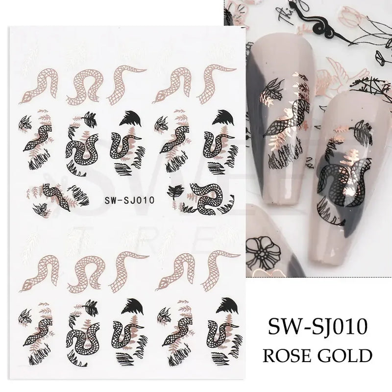 3D Snake Laser Stickers for Manicure Black Gold Abstract Leaves Luxury Nail Art Adhesive Slider Polish Decor Decals SASW-SJ