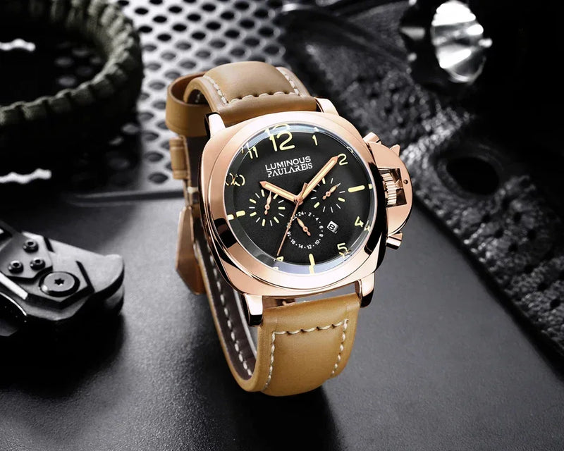 Automatic Watches for Men Mechanical Movement Genuine Brown Leather Multifunction Yellow Green Rose Gold Reloj Hombre Baratos