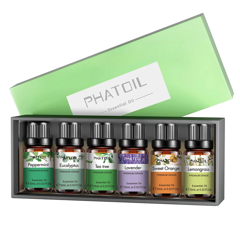 مجموعة PHATOIL من 6 قطع من الزيوت العطرية 10 مل من زيت اللافندر الطبيعي النقي وزيت الأوكالبتوس وزيت النعناع وزيت شجرة الشاي وزيت البرتقال وزيت الليمون لشموع التوزيع