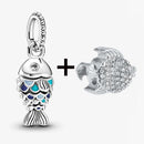 2Pcs/Lot Crystal Blue Scaled Fish Bead With Pendant Fit DIY Brand Charm Bracelet  For Women's Summer Jewelry To Making Gift