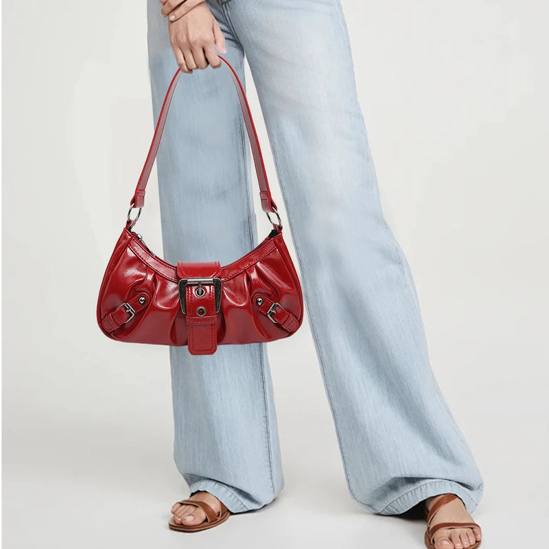 Women's Pleated Hobo Red Shoulder Bag for Women PU Leather Clutch Handbag Purse Y2K Bag for Girls Chic Travel Commuter Bag