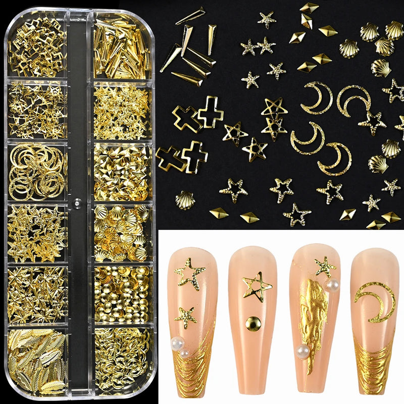 1000Pcs Gold Star Moon Glitter Nail Charms Metal Tips Slice Rivet DIY 3D FlatBack Nail Art Decorations Nails Jewelry Accessories