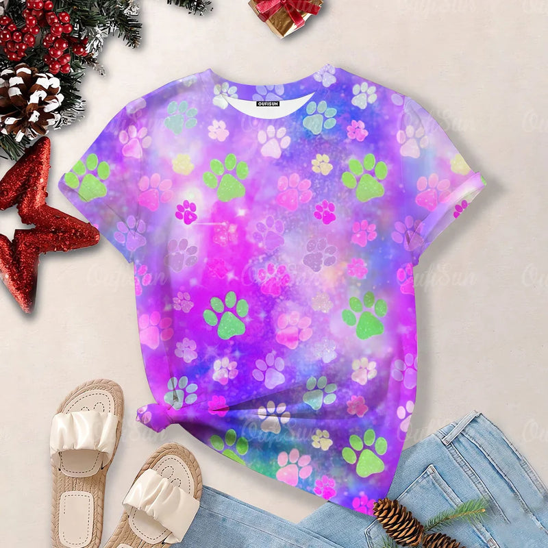 2024 Women's Top Summer Clothes Fashion Short-Sleeved Cat And Dog Paw Print Women's T-Shirt Cute Dog Paw Aesthetic Tops Woman