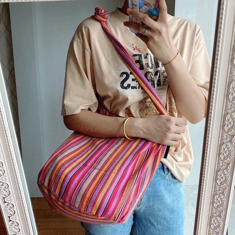 Vintage Bohemian Chic Canvas Shoulder Bag Ethnic Style Large Capacity Handbag Soft Tote Bag Casual Crossbody Bag Female Daily