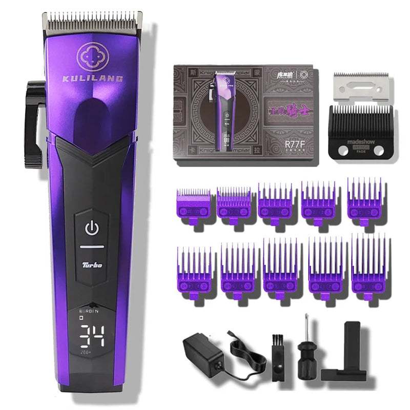 Cortadora de pelo eléctrica profesional KULILANG R77F con cabezal de aceite degradado, color morado, cuchilla FADE chapada en titanio, 7200 rpm, para peluquería