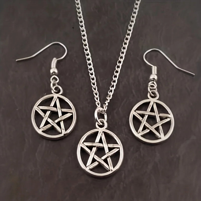 2 earrings and necklace set, vintage jewelry set, supernatural pentagram design, silver plated to match daily clothing, role-pla