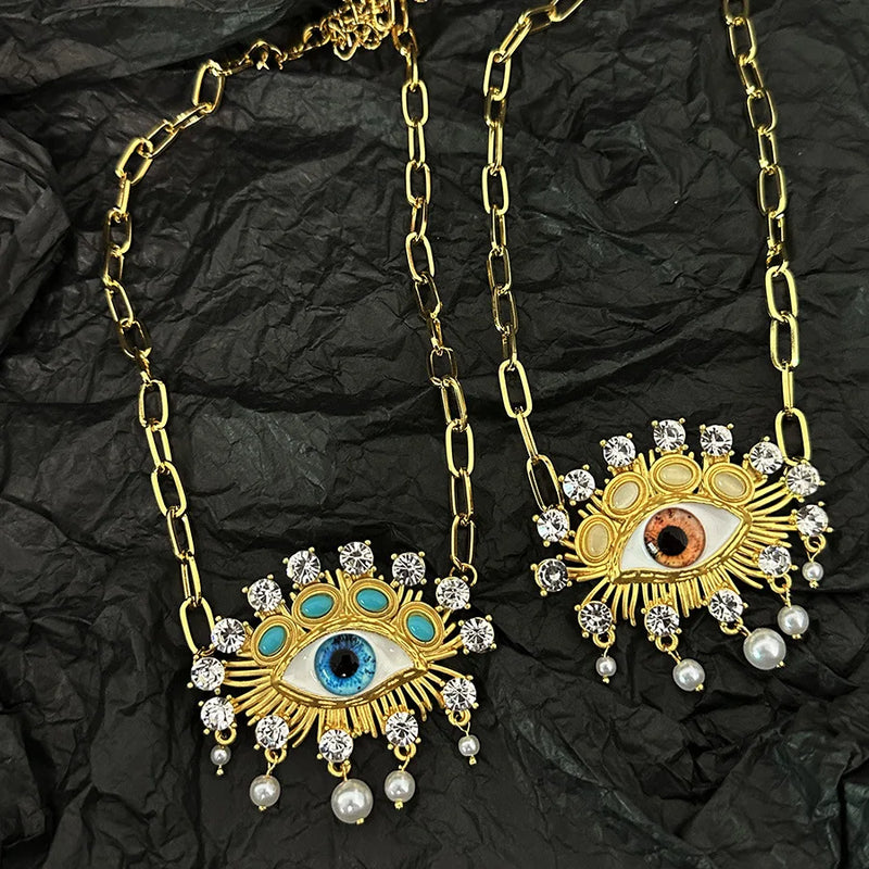 Retro Asymmetrical Contrasting Color Eye Sparkling Crystal Pearl Earrings Design Earring for Women