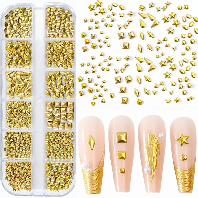 1000Pcs Gold Star Moon Glitter Nail Charms Metal Tips Slice Rivet DIY 3D FlatBack Nail Art Decorations Nails Jewelry Accessories