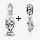 2Pcs/Lot Crystal Blue Scaled Fish Bead With Pendant Fit DIY Brand Charm Bracelet  For Women's Summer Jewelry To Making Gift
