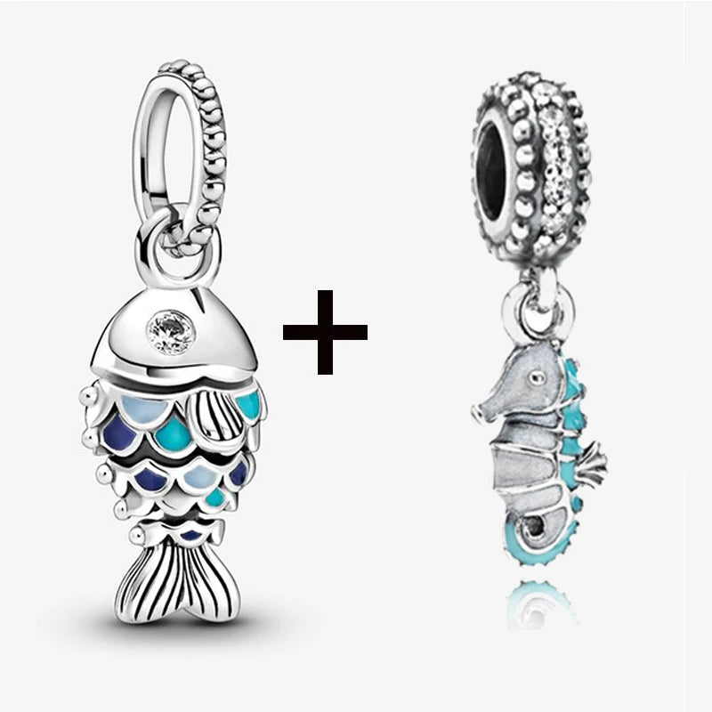 2Pcs/Lot Crystal Blue Scaled Fish Bead With Pendant Fit DIY Brand Charm Bracelet  For Women's Summer Jewelry To Making Gift