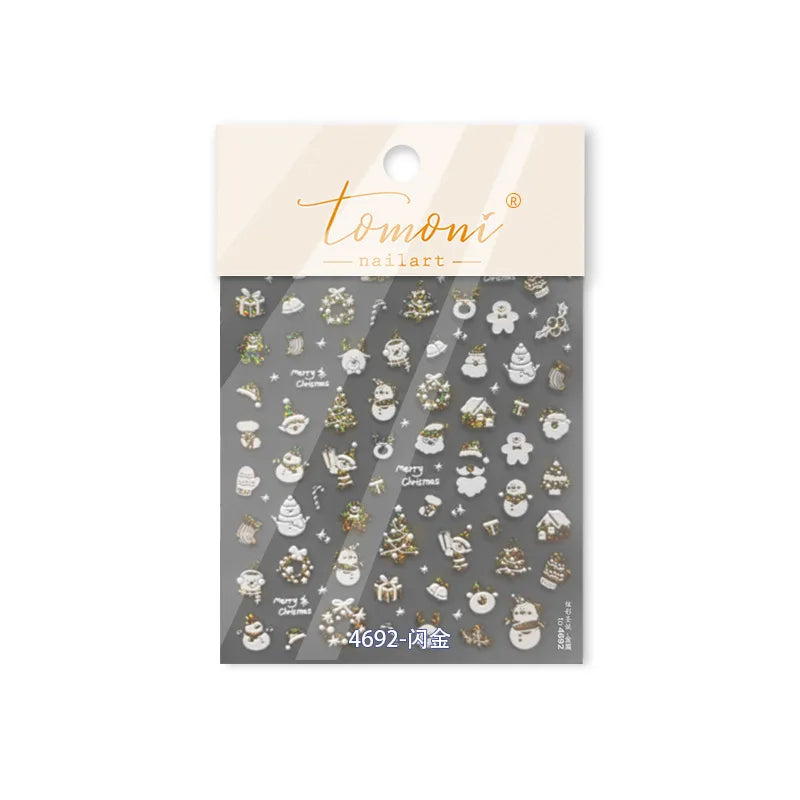 1Pcs Luxury Gold Christmas Nail Decorations Stickers Press on Nails 5D Laser Snowflake Christmas Tree Nail Art Sticker Decal DIY