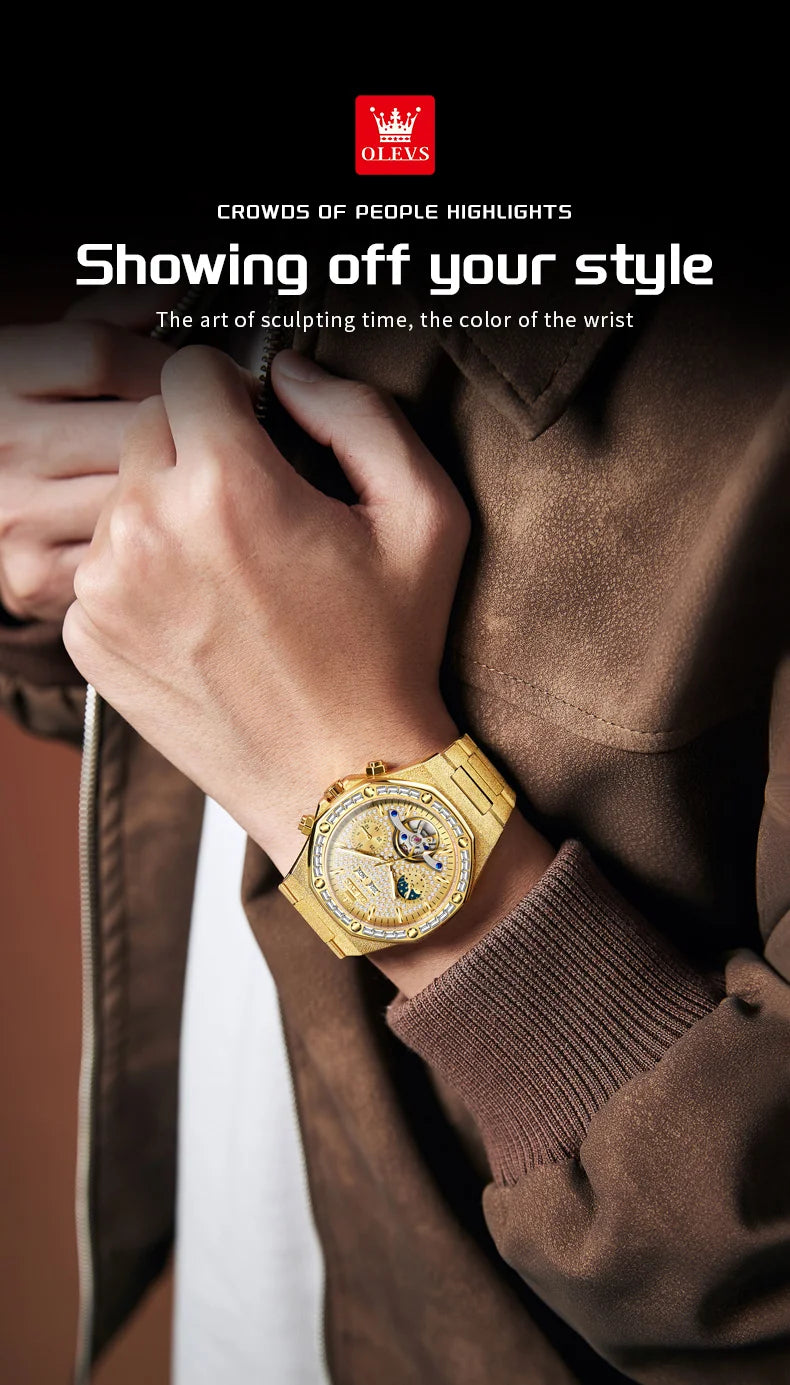 OLEVS 9805 High end Men Watches  Waterproof Moon Phase Diamond Dial Fashion Luxury Mechanical Watch Skeleton Original Wristwatch