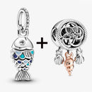 2Pcs/Lot Crystal Blue Scaled Fish Bead With Pendant Fit DIY Brand Charm Bracelet  For Women's Summer Jewelry To Making Gift