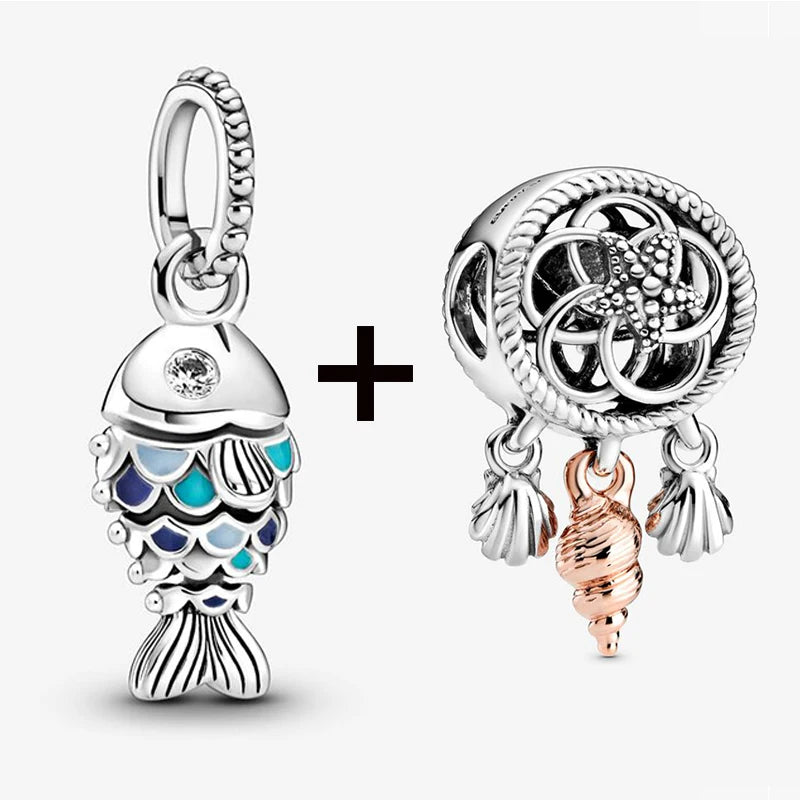 2Pcs/Lot Crystal Blue Scaled Fish Bead With Pendant Fit DIY Brand Charm Bracelet  For Women's Summer Jewelry To Making Gift