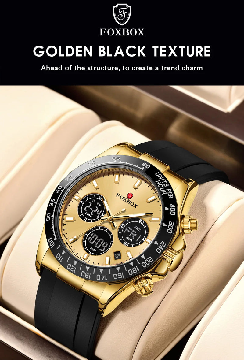LIGE Top Brand Luxury FOXBOX Men Watch Calendar Date Week Quartz Wristwatch Dual Display Digital Watches Mens Luminous Clock Man