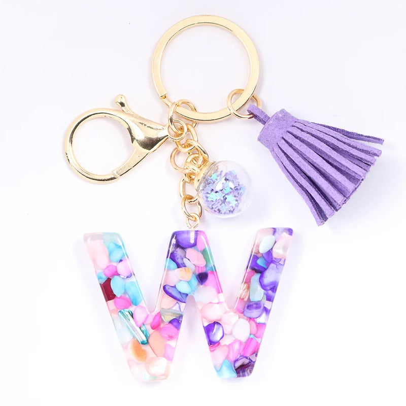 Women ew Crystal Epoxy Tassel Keychain Pendant Girl Heart English Capital Letter Stone Key K5158