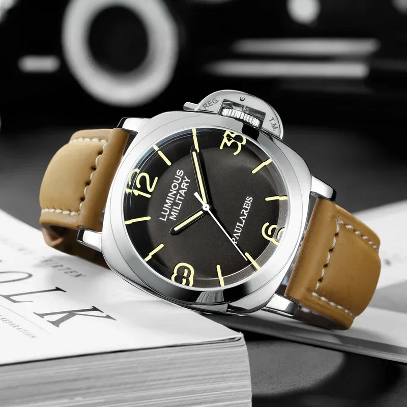 Automatic Watches for Men Mechanical Genuine Brown Leather Yellow Green Military 44mm Luxury Rose Gold Reloj Hombre Baratos