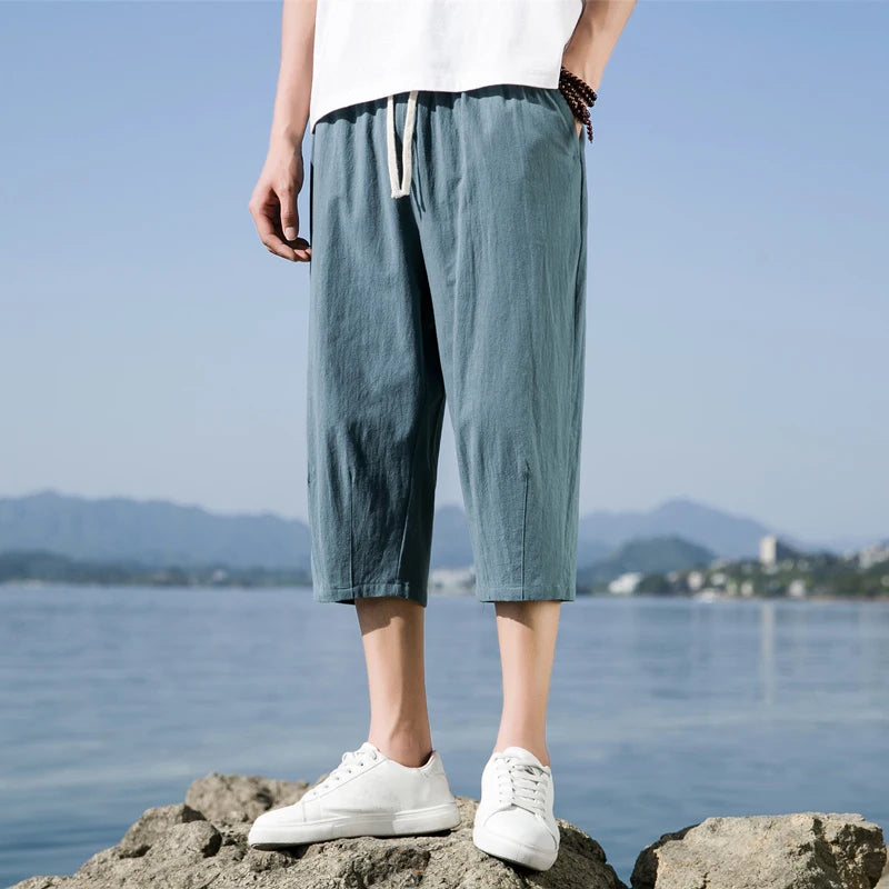 Summer New Casual Short Pants Mens Cotton and Linen Loose Pants  Trend Nine-point Straight Trousers M-5XL