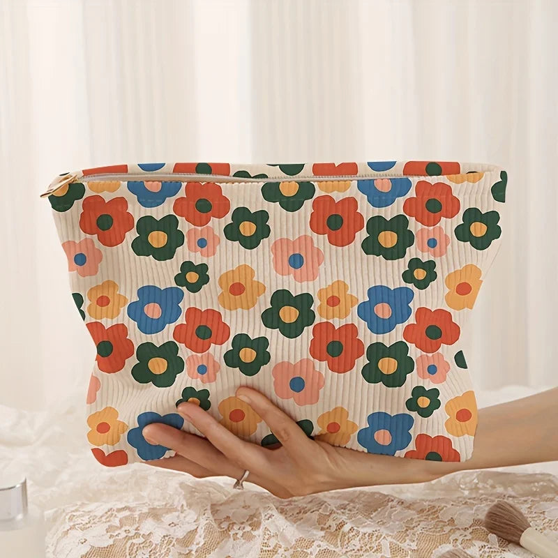 Minimally designed floral printed corduroy zipper makeup bag, lightweight and multifunctional cosmetic storage bag