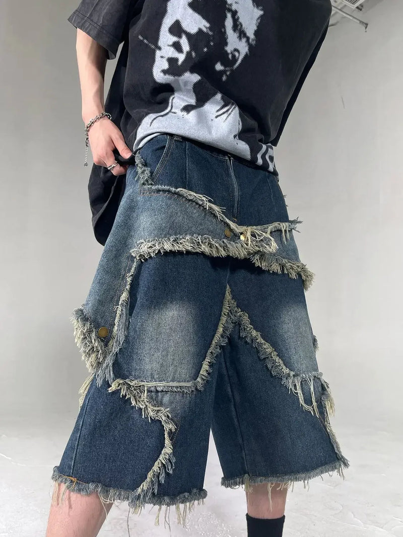 New High Street Retro Star Patch Tassel Men Denim Shorts Loose and Casual Hip Hop Street Couple Pants Sports sweatpants