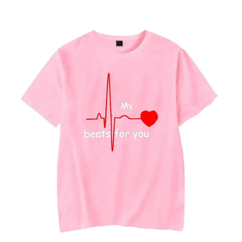 Summer Couple Heart Beats for You Print T Shirt Causal Women Man Tee Shirt Couples T Shirts O Neck Tops Harajuku Lovers Clothing
