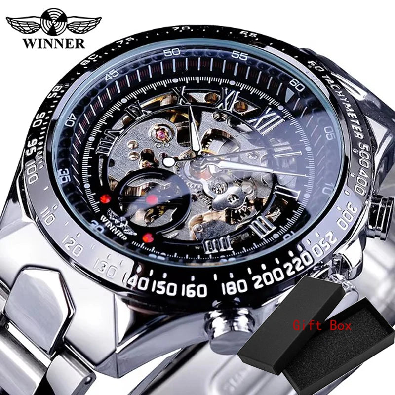 Winner Classic Series Golden Movement Steel Mens Skeleton Man Wrist Watch Mechanical Top Brand Luxury Fashion Automatic Watches