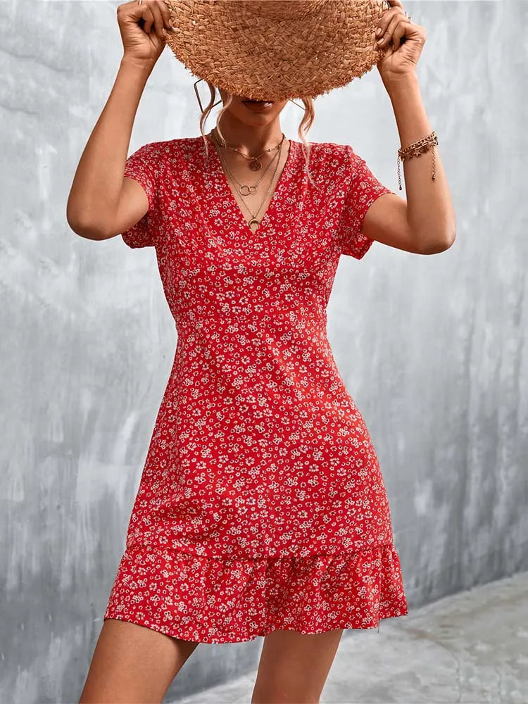 Summer Short Boho Dress Women V Neck Print Floral Party Dress Ladies Bohemian Flower Mini Dress For Women