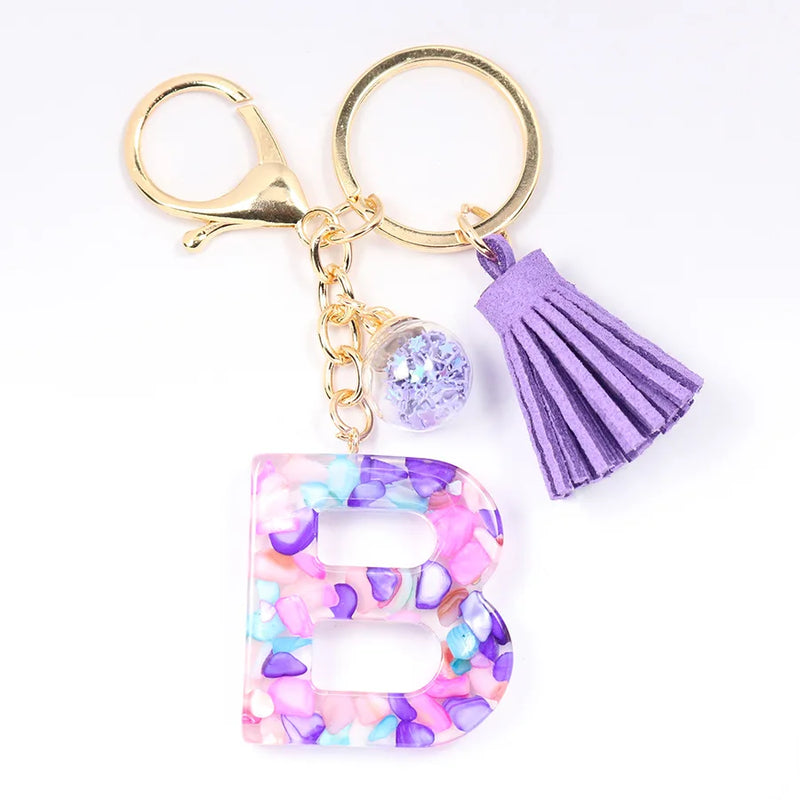 Women ew Crystal Epoxy Tassel Keychain Pendant Girl Heart English Capital Letter Stone Key K5158