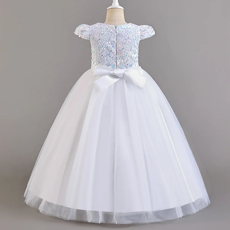 Puffy Girls Party Dress Elegant Kids Wedding Gala Prom Gown Sequin Bow Children Birthday Princess Dress For Girl Clothes 5-14Yrs