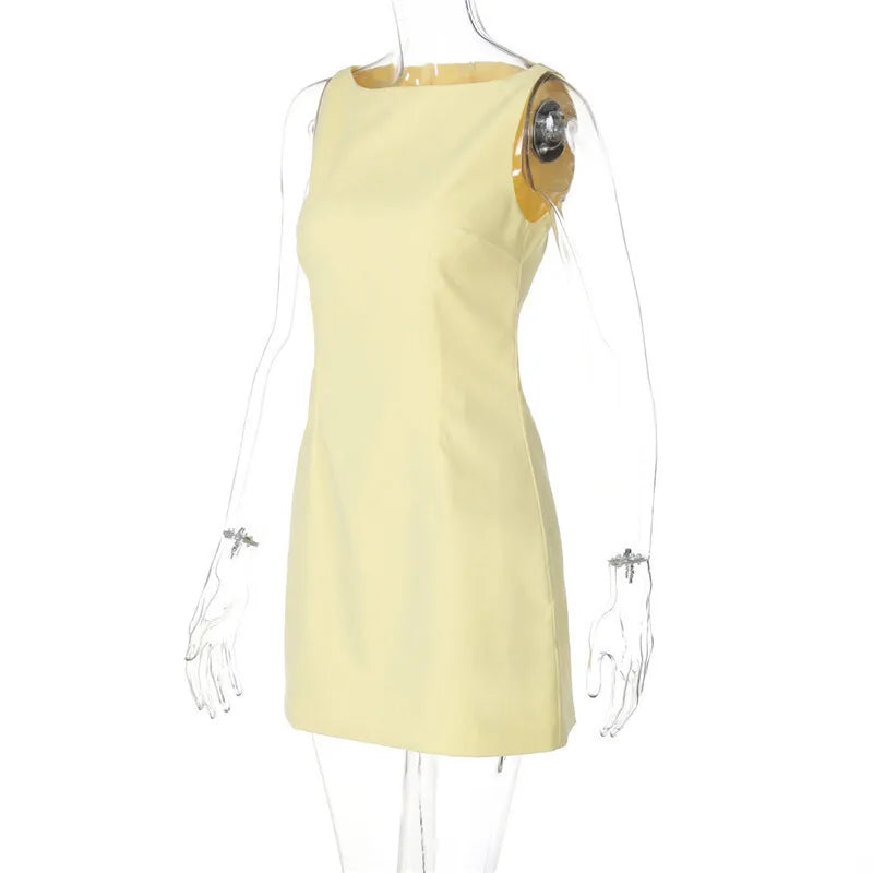 Mozision Fashion Sleeveless Sexy Mini Dress For Women Solid Color O Neck Zipper Two Layer Bodycon Club Party Dress Elegant