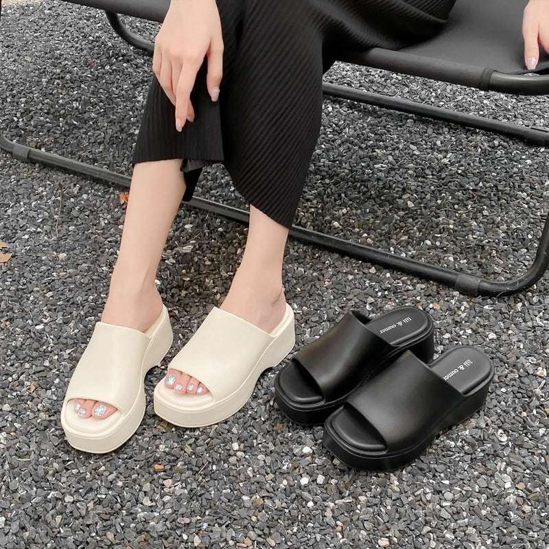 Summer Slope Heel Thick Sole Women's Slippers 2023 New Simple Soft Sole EVA High Heel Slippers Wearing Beach Anti Slip Slippers